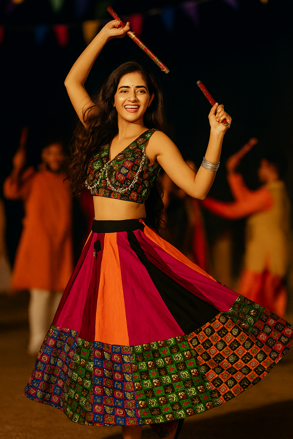 Woman in colorful traditional outfit dancing with sticks in a festive setting