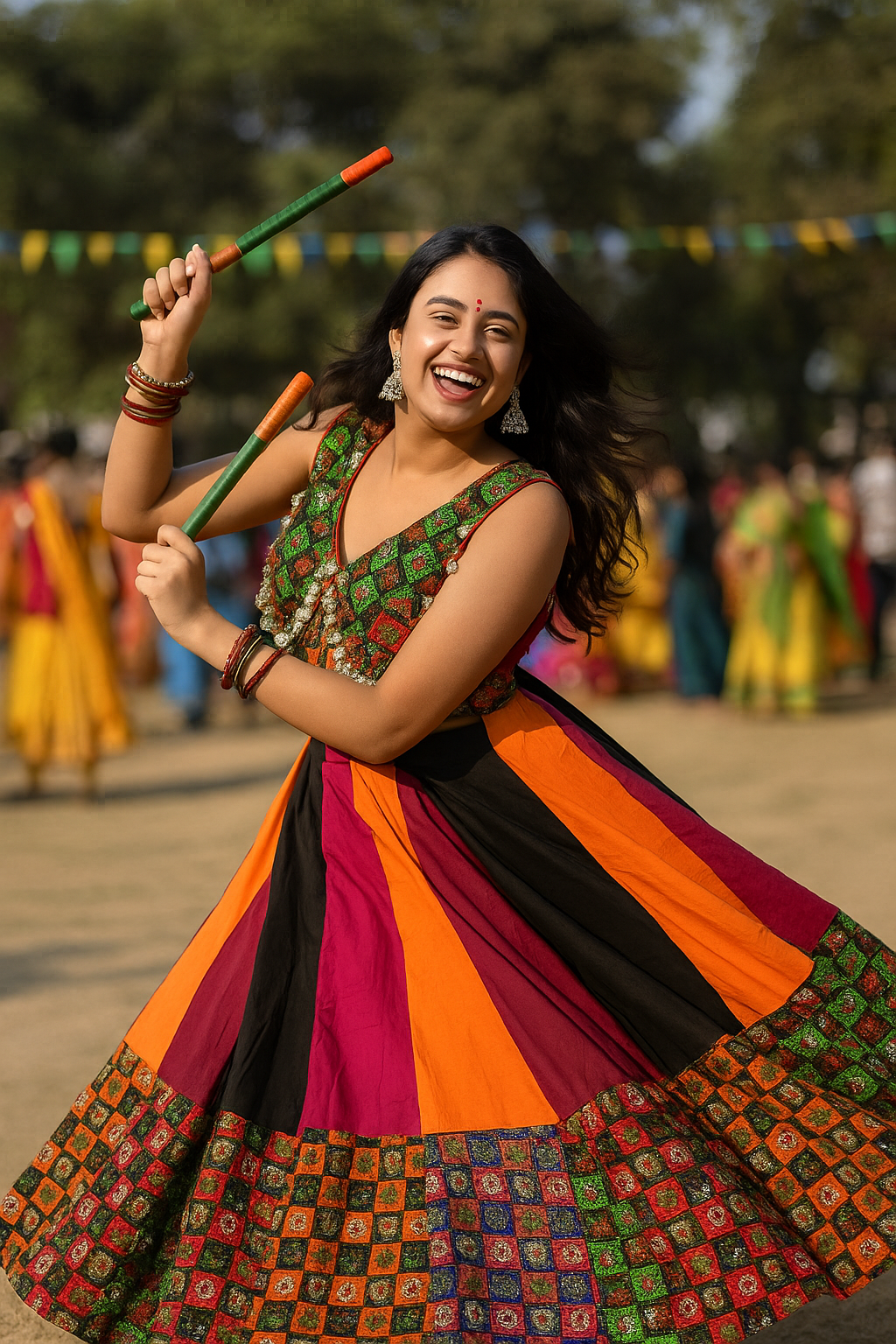 Woman in a colorful traditional outfit holding sticks outdoors with blurred people and trees in the background