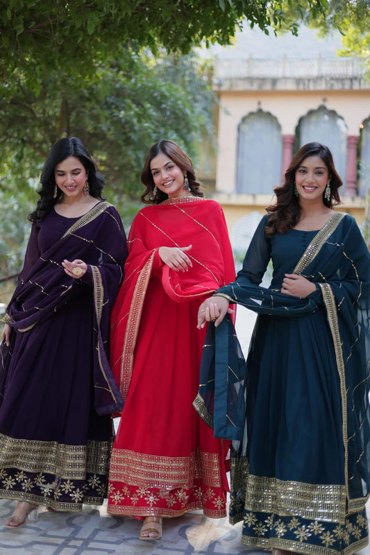 Embroidered Faux Blooming Gown with Dupatta