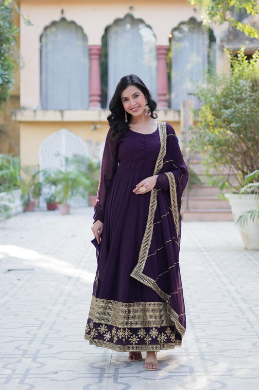 Embroidered Faux Blooming Gown with Dupatta