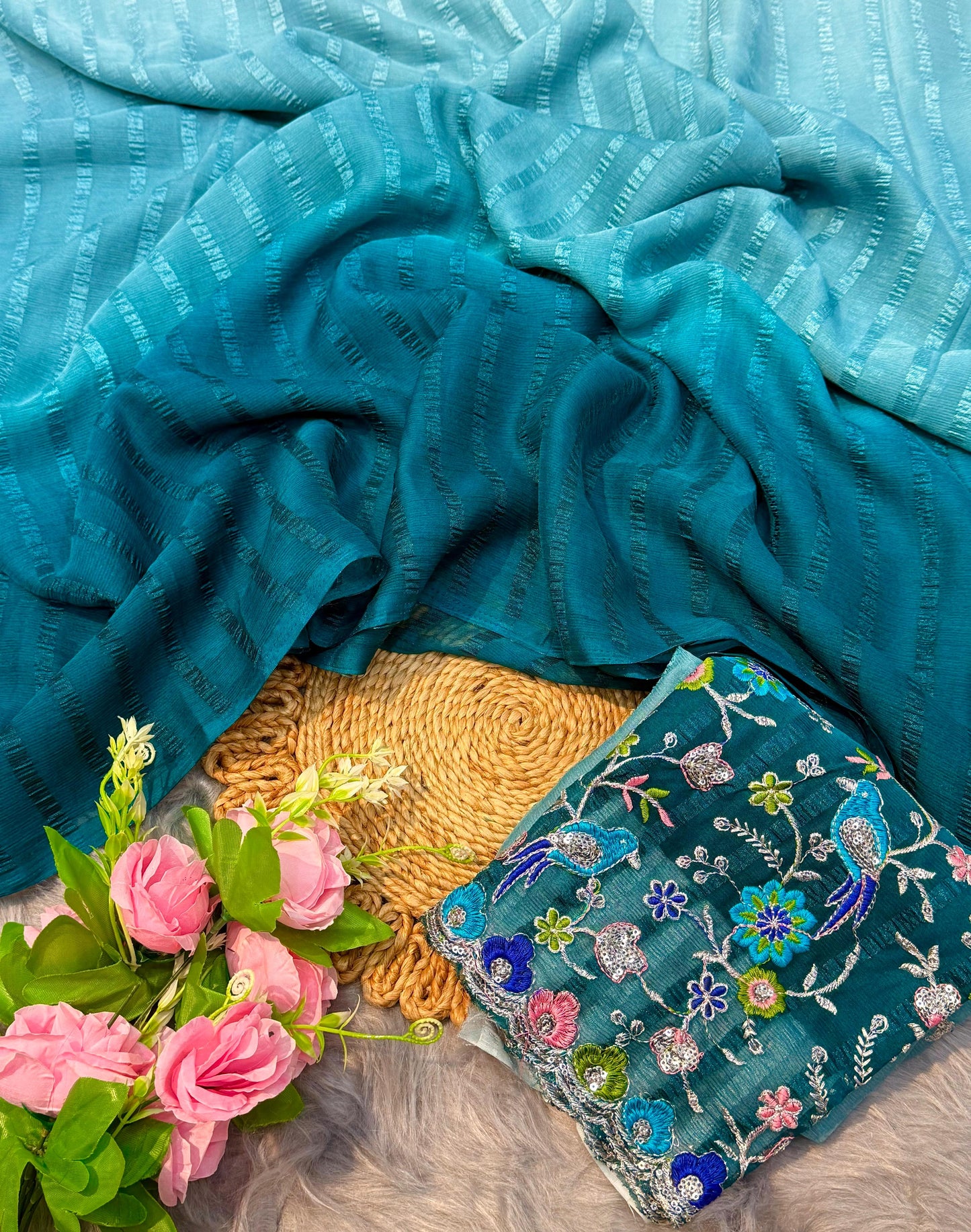 Leheriya Saree with Heavy Embroidery Blouse Piece