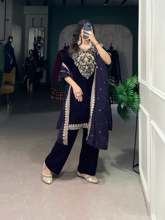 Ethnic Premium Velvet Suit with Thread Embroidery