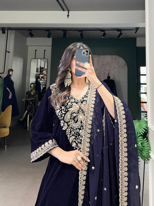 Ethnic Premium Velvet Suit with Thread Embroidery