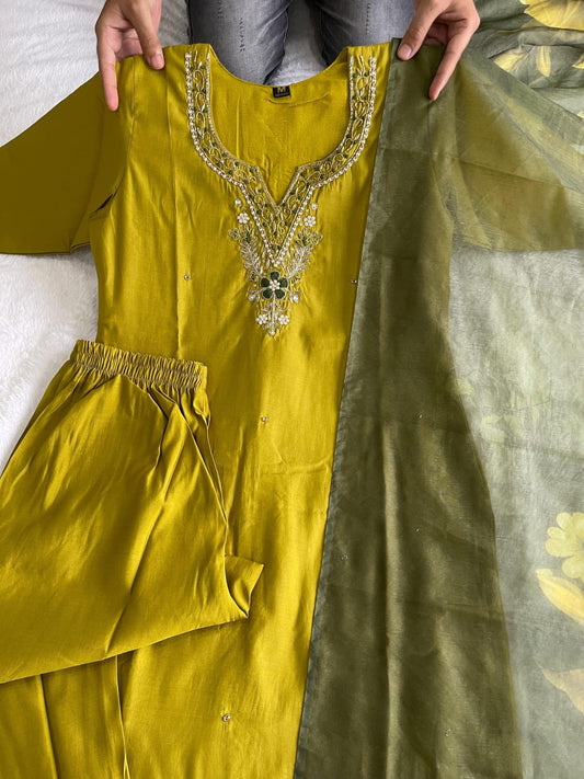 Designer Roman Silk Kurti Pant Dupatta Set