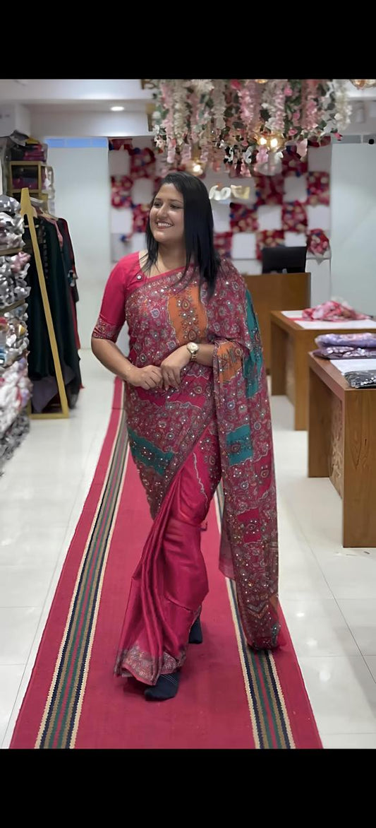 Heavy Chinon Saree with Digital Print and Mirror work