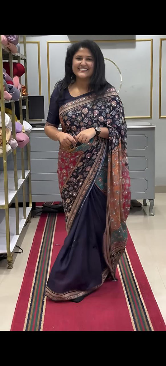 Heavy Chinon Saree with Digital Print and Mirror work