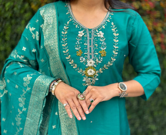 Premium Roman Silk Designer Kurti Pant Dupatta Set