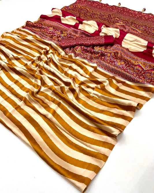 Premium Designer Printed Ajrakh Satin Crepe Saree