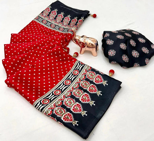 Premium Designer Printed Ajrakh Satin Crepe Saree