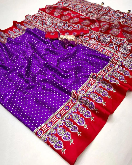 Premium Designer Printed Ajrakh Satin Crepe Saree