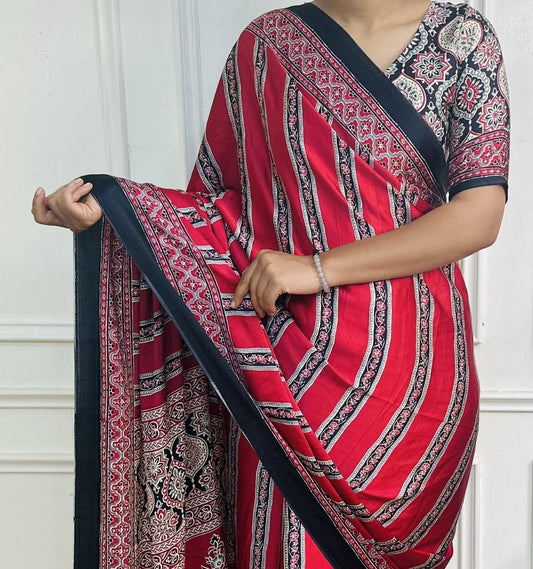 Premium Designer Printed Ajrakh Satin Crepe Saree