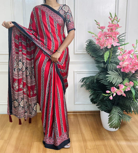 Premium Designer Printed Ajrakh Satin Crepe Saree