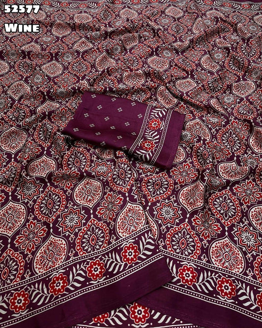 Premium Designer Printed Ajrakh Satin Crepe Saree