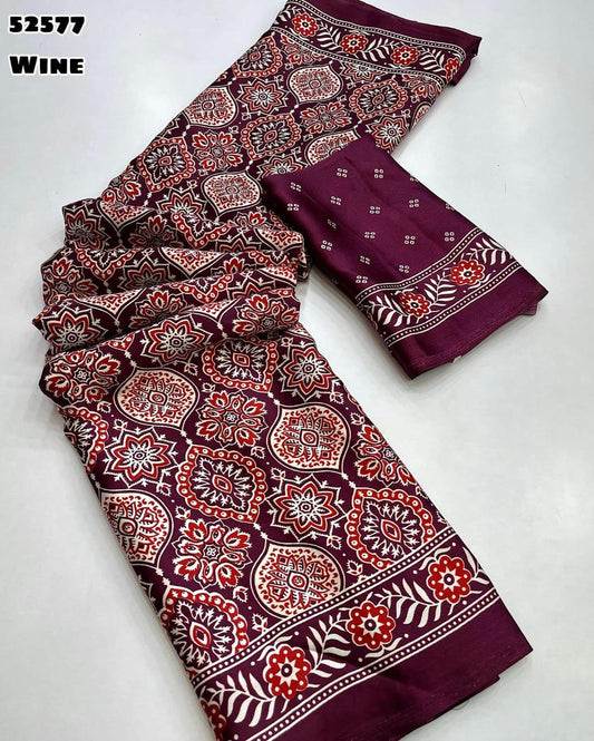 Premium Designer Printed Ajrakh Satin Crepe Saree