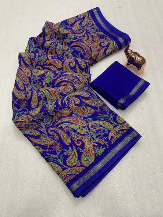 Pure Soft Tusser Kashmiri Printed Saree with Rich Pallu & Fancy Golden Border