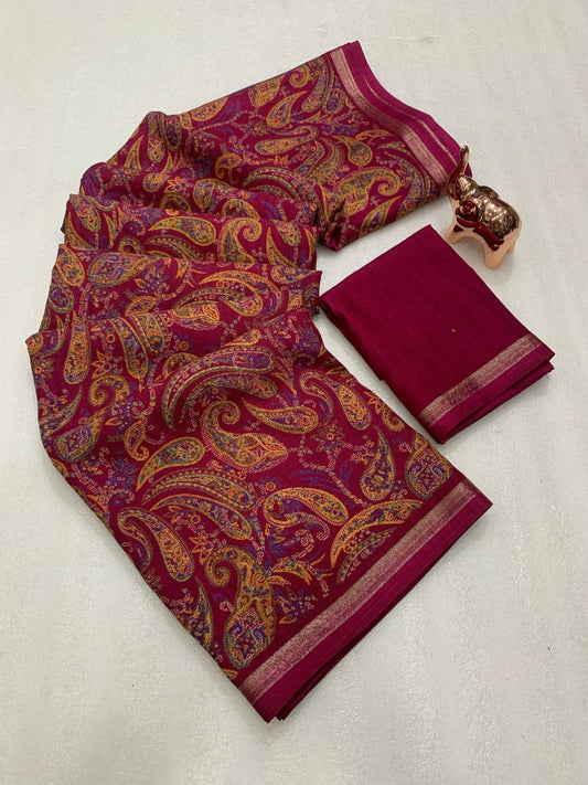 Pure Soft Tusser Kashmiri Printed Saree with Rich Pallu & Fancy Golden Border