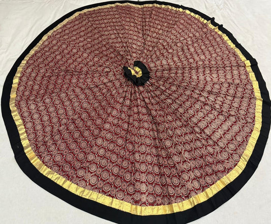Heavy Ajrakh Cotton Print Skirt With Golden Lace