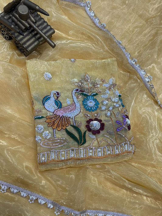 Designer Organza Saree with Pearl work and Full Zari Lace