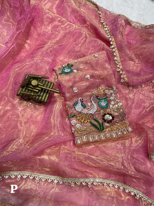 Designer Organza Saree with Pearl work and Full Zari Lace