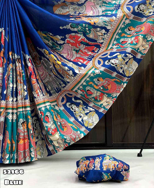 Handloom Tussar Silk Kalamkari Digital Print comes with Tussle on Pallu