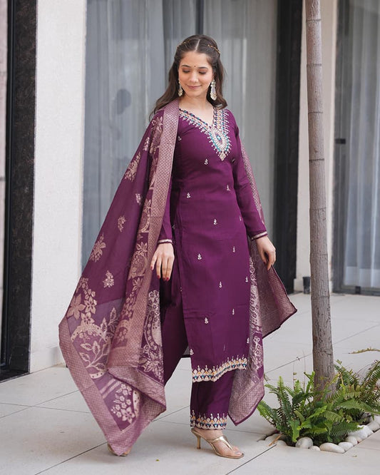 Roman Silk  Embroidered Anarkali 3-Piece Suit