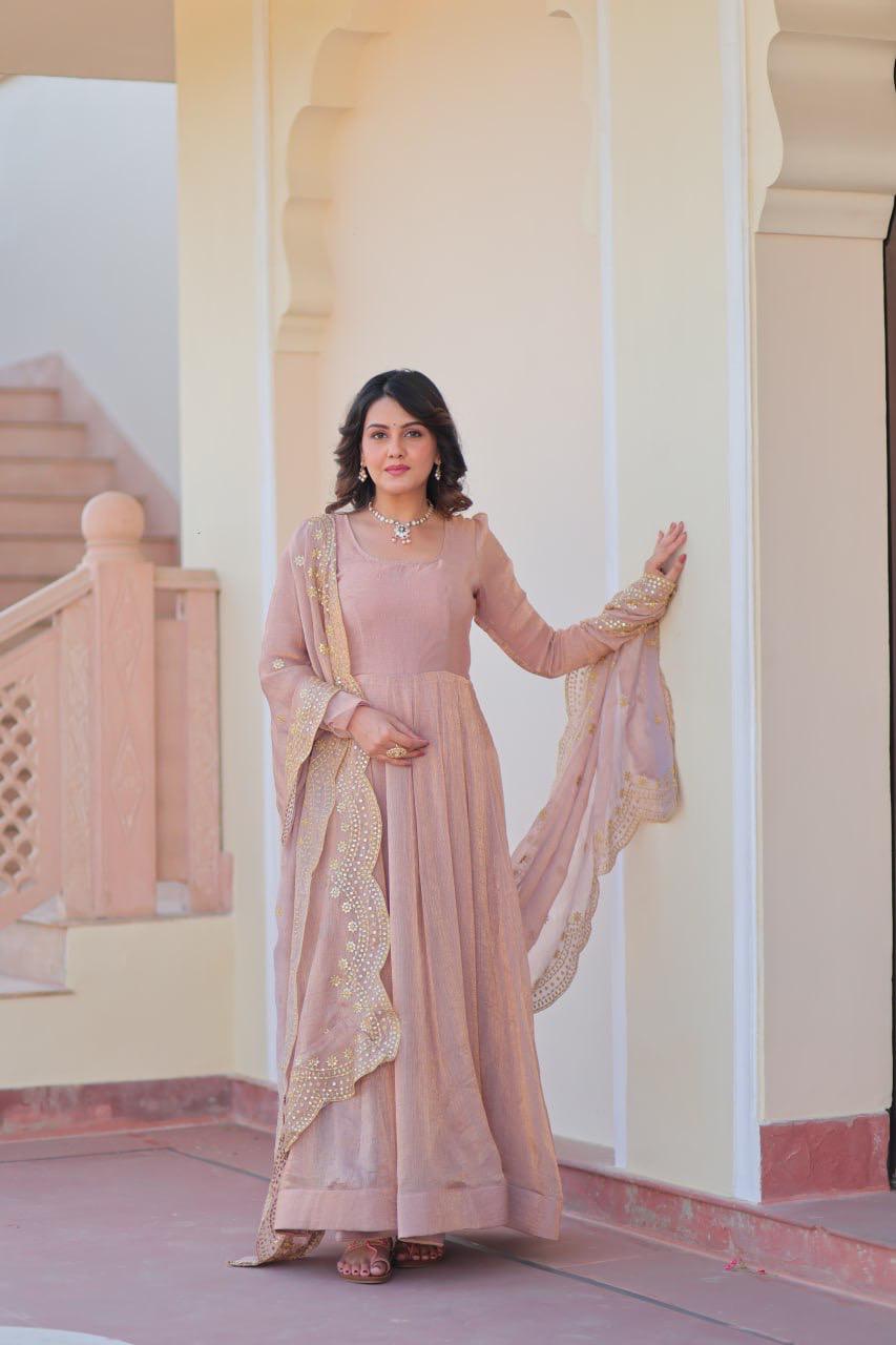 Fendy Chiffon Gown With Sequins-Multi Embroidered Work Dupatta