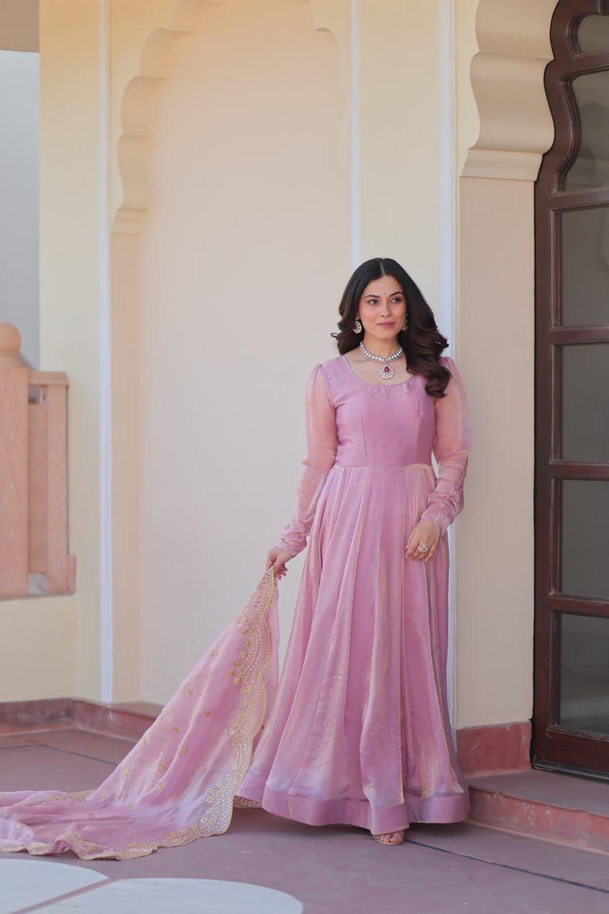 Fendy Chiffon Gown With Sequins-Multi Embroidered Work Dupatta