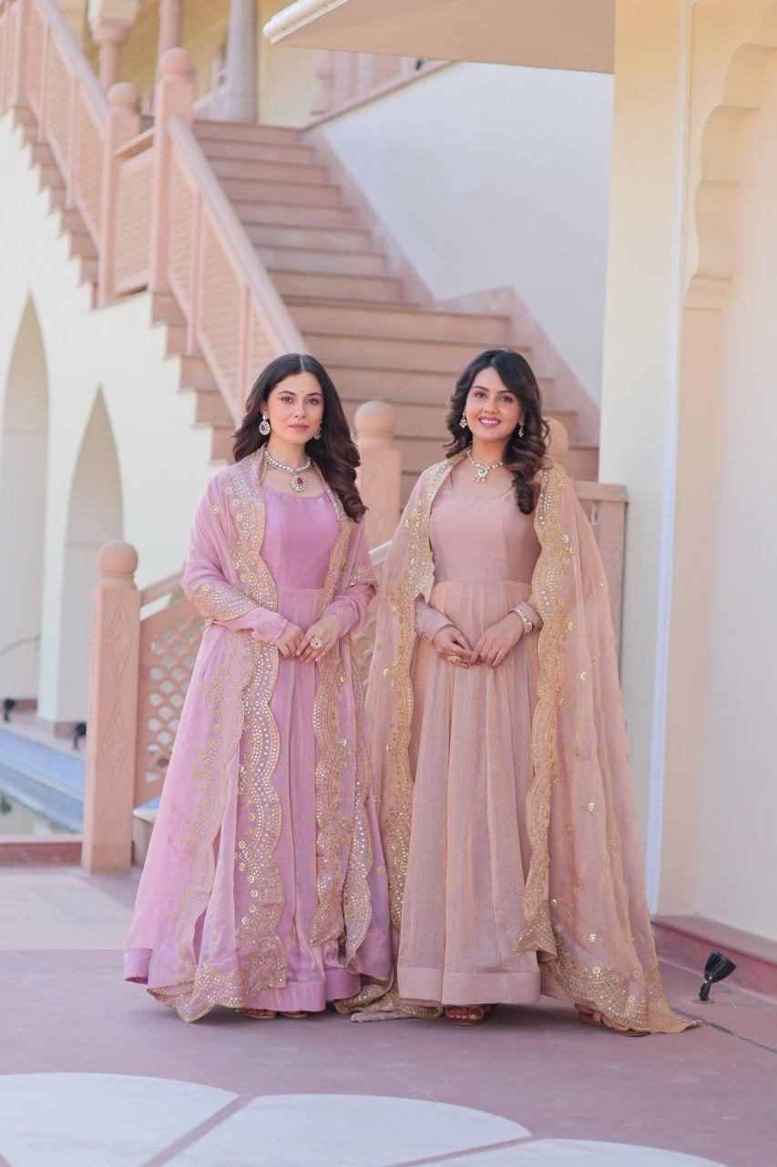 Fendy Chiffon Gown With Sequins-Multi Embroidered Work Dupatta