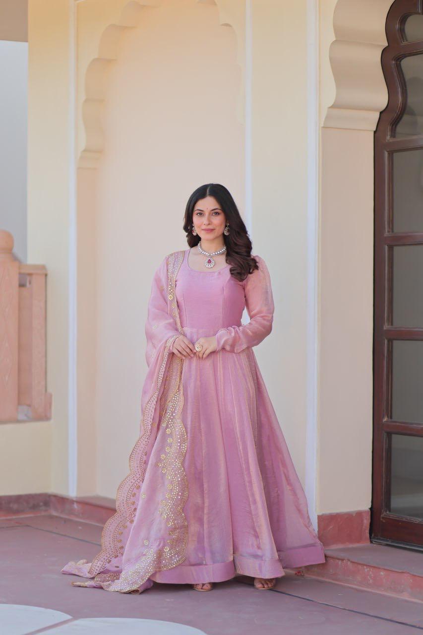 Fendy Chiffon Gown With Sequins-Multi Embroidered Work Dupatta