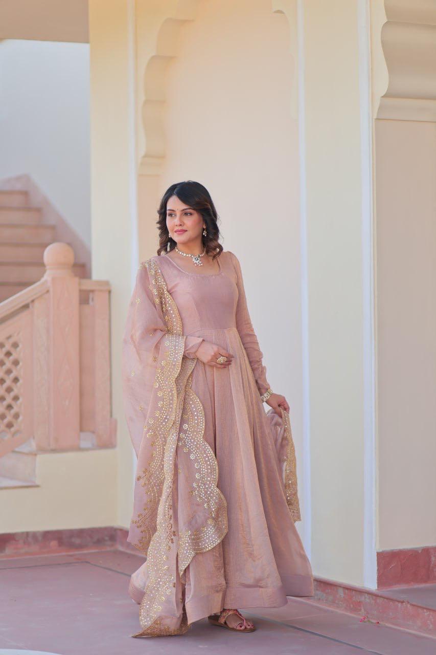 Fendy Chiffon Gown With Sequins-Multi Embroidered Work Dupatta