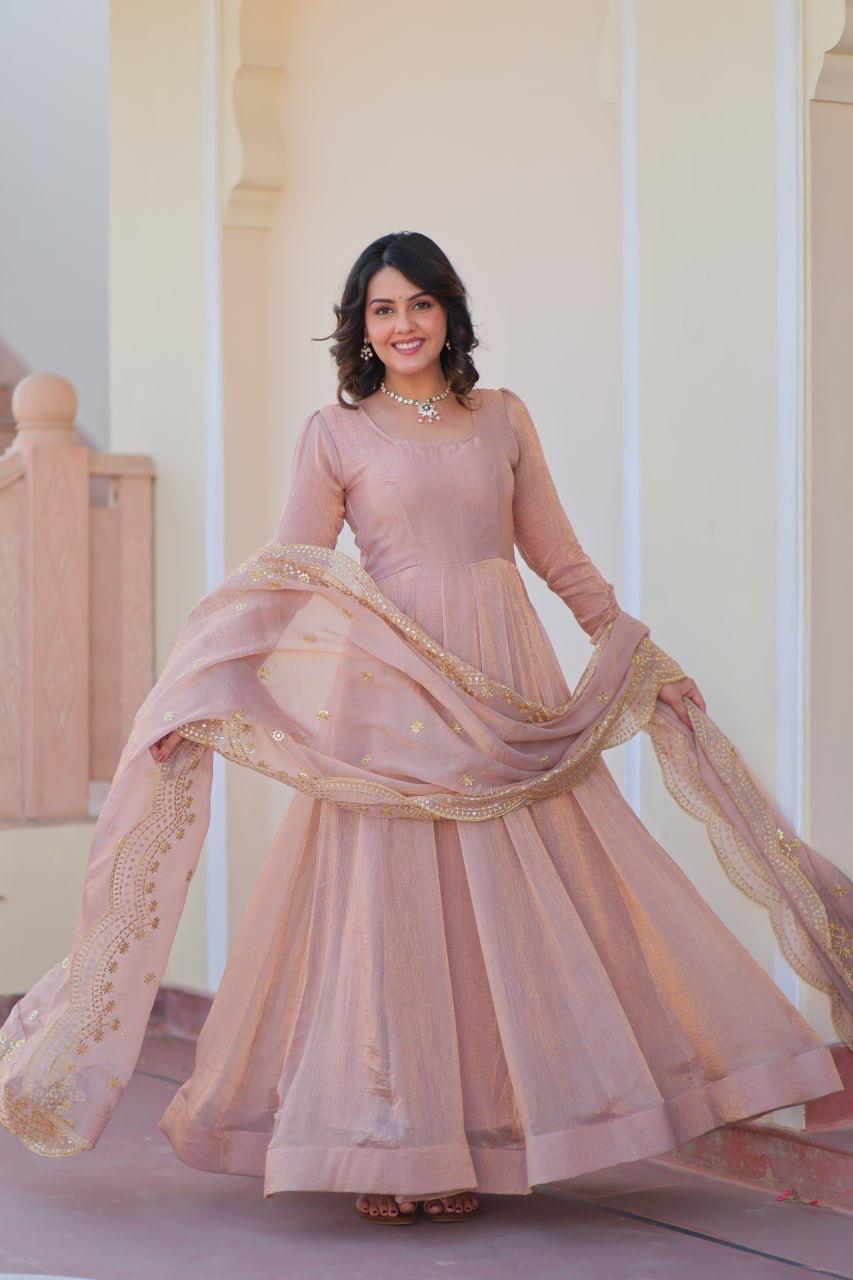 Fendy Chiffon Gown With Sequins-Multi Embroidered Work Dupatta