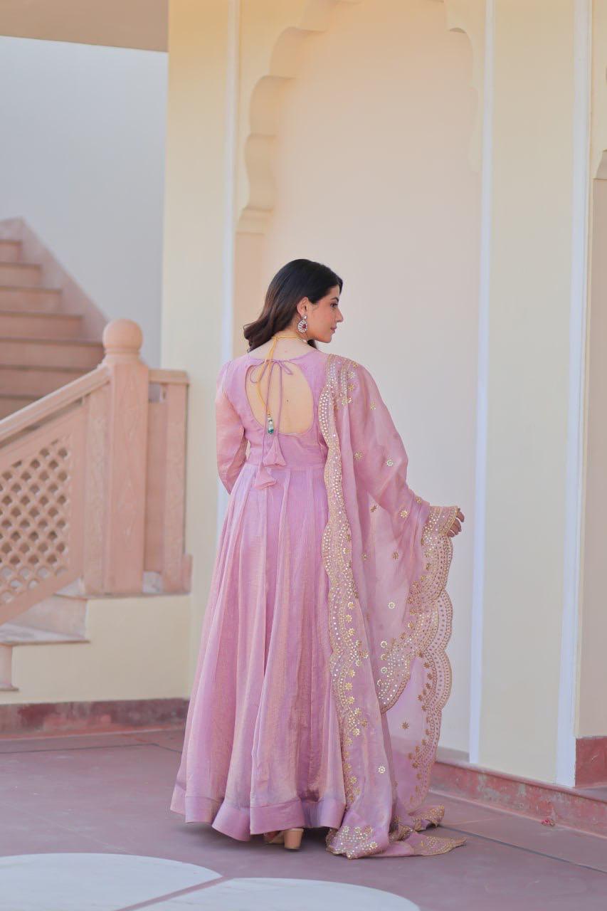 Fendy Chiffon Gown With Sequins-Multi Embroidered Work Dupatta