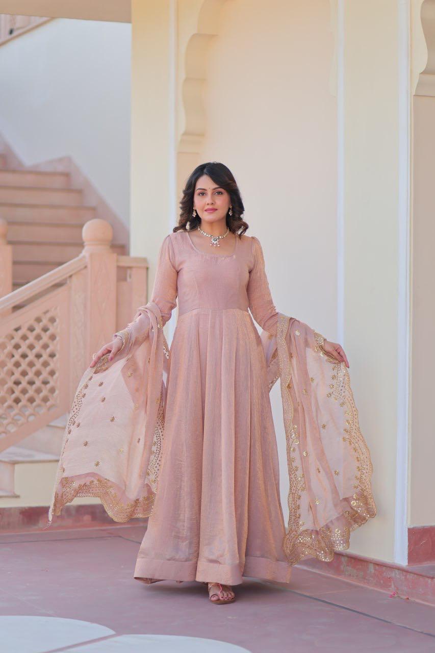 Fendy Chiffon Gown With Sequins-Multi Embroidered Work Dupatta