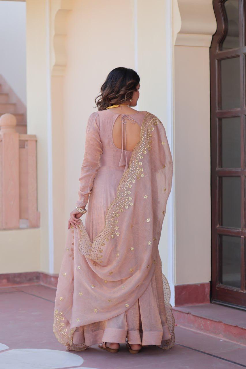 Fendy Chiffon Gown With Sequins-Multi Embroidered Work Dupatta