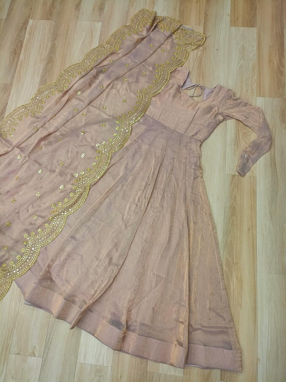 Fendy Chiffon Gown With Sequins-Multi Embroidered Work Dupatta