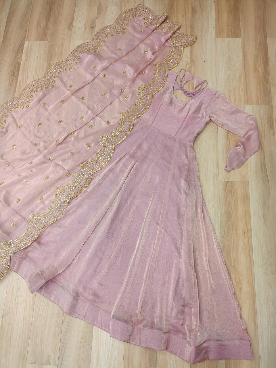 Fendy Chiffon Gown With Sequins-Multi Embroidered Work Dupatta