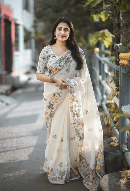 Soft Linen Saree with Beautiful Embroidery