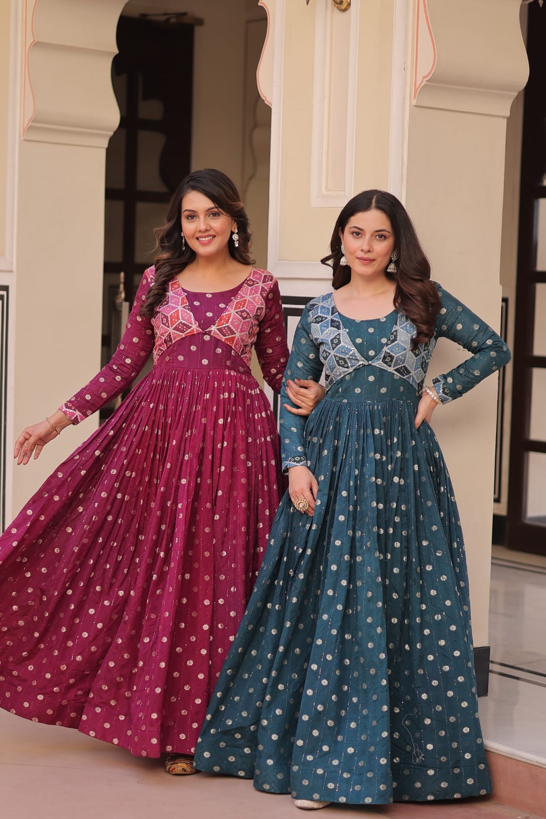 Premium Readymade Gown with Position Print Choli Design With Staple Jequard
