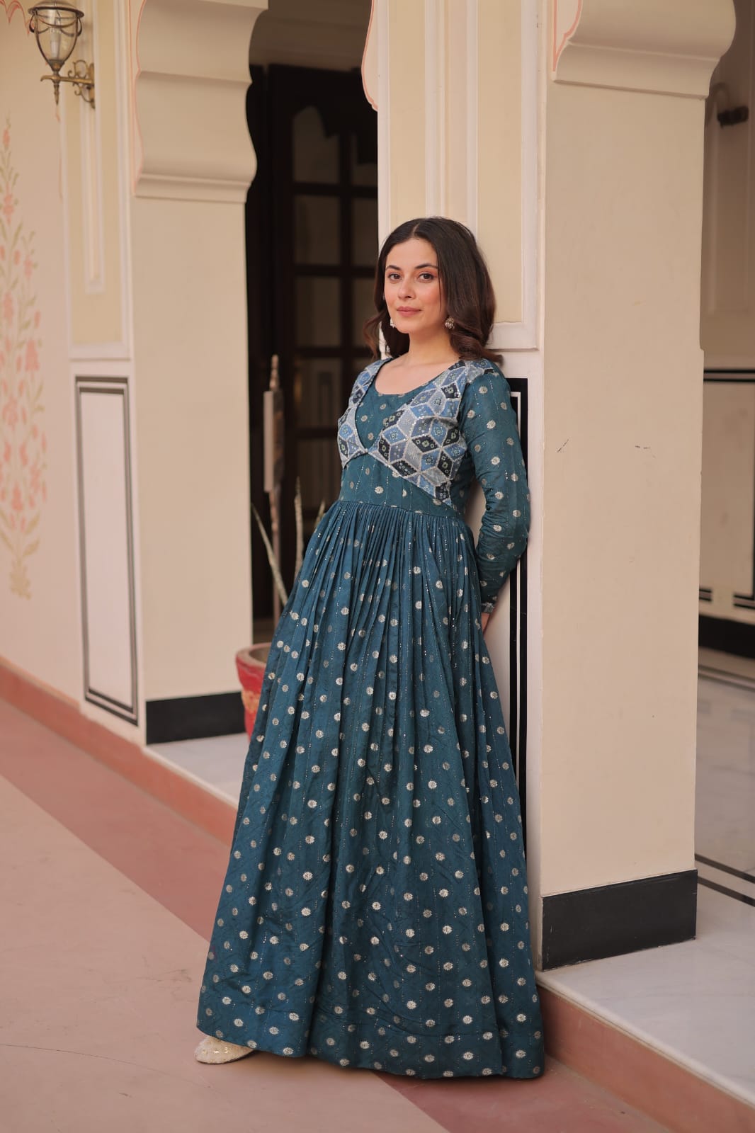 Premium Readymade Gown with Position Print Choli Design With Staple Jequard