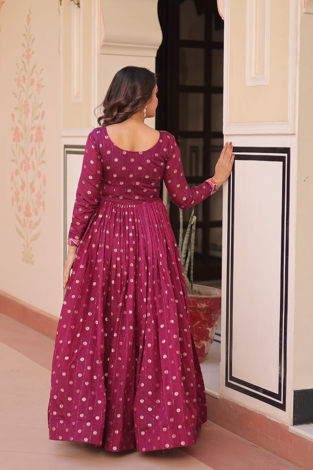 Premium Readymade Gown with Position Print Choli Design With Staple Jequard