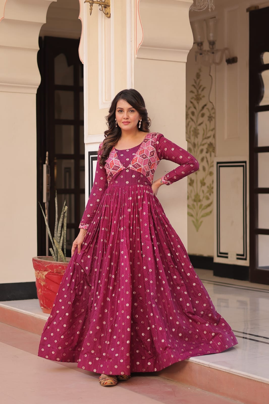 Premium Readymade Gown with Position Print Choli Design With Staple Jequard