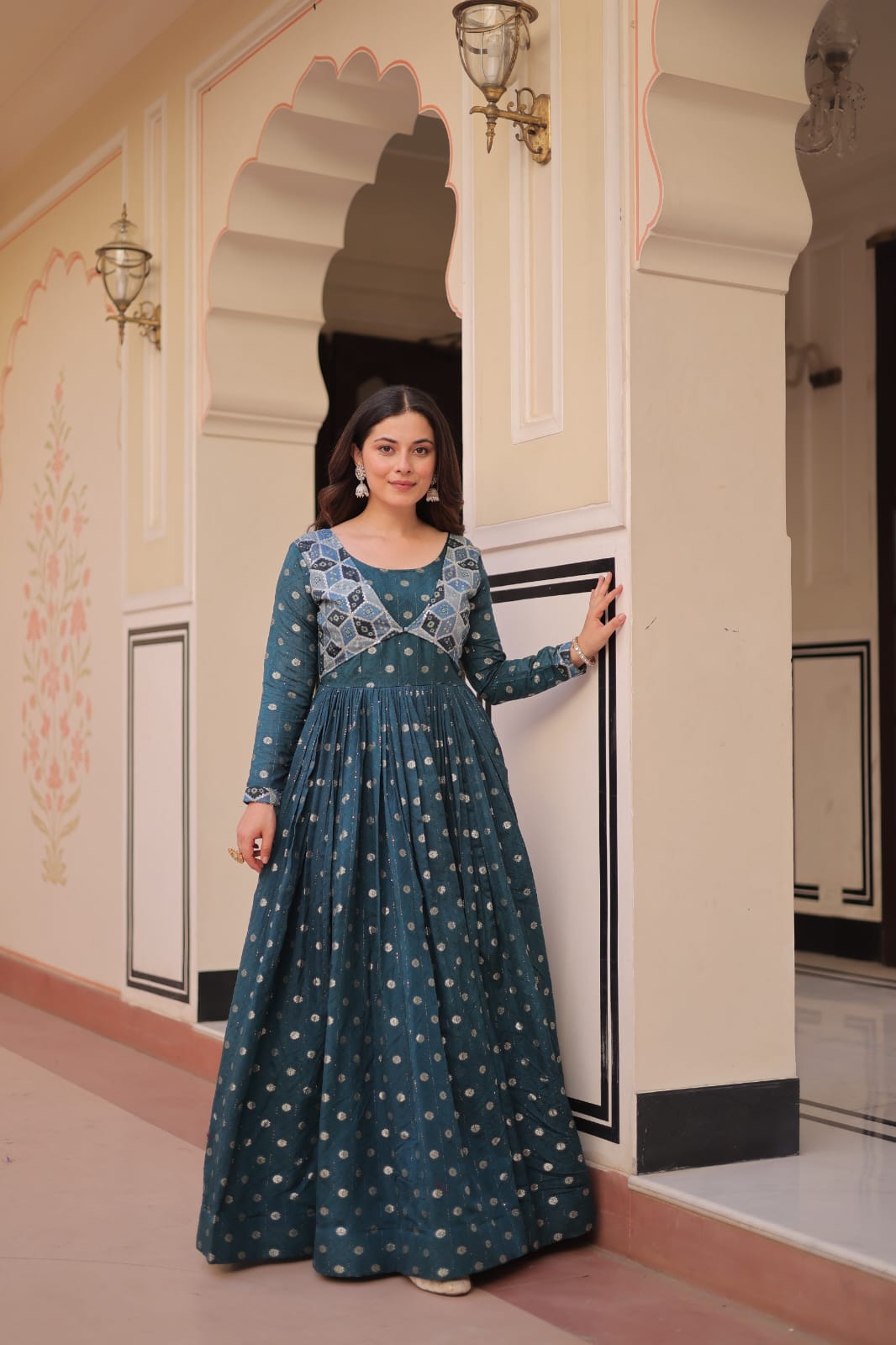 Premium Readymade Gown with Position Print Choli Design With Staple Jequard