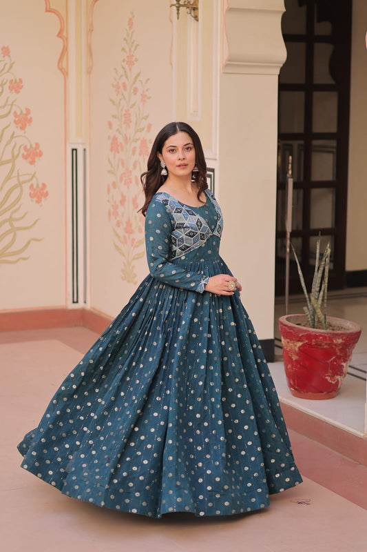 Premium Readymade Gown with Position Print Choli Design With Staple Jequard