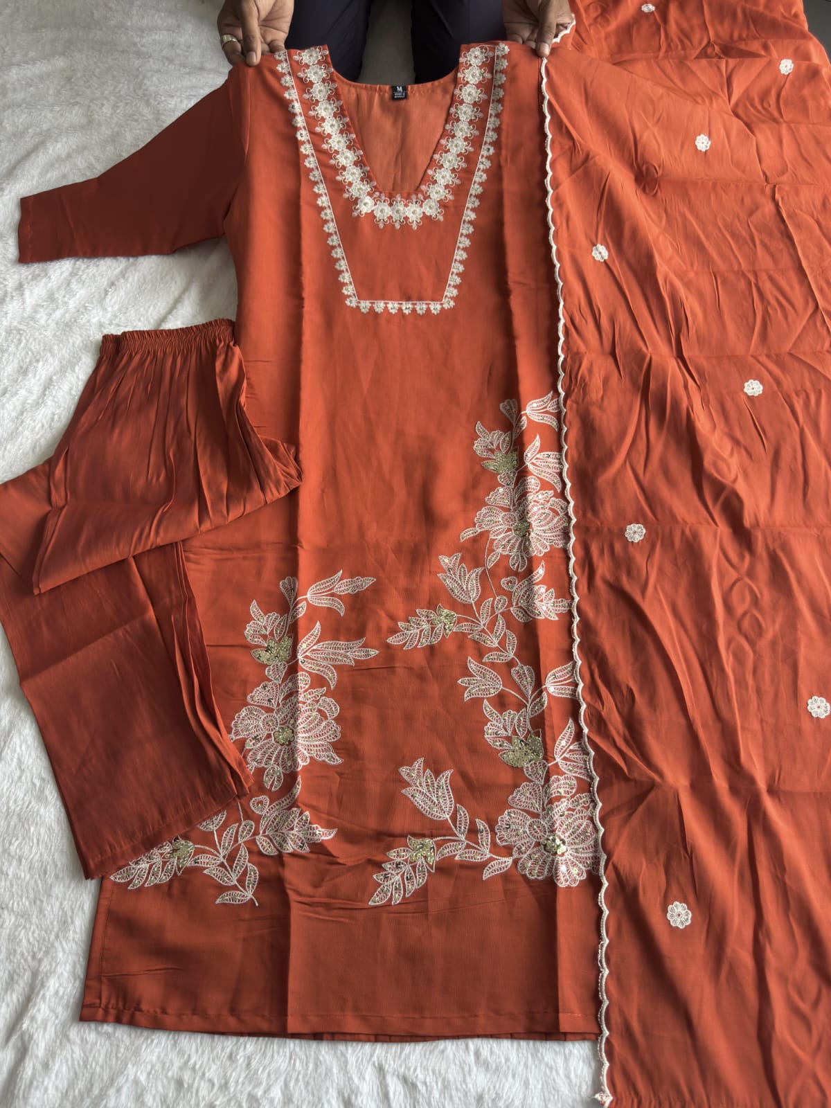 Premium Designer Roman Silk Kurti Pant Dupatta Set