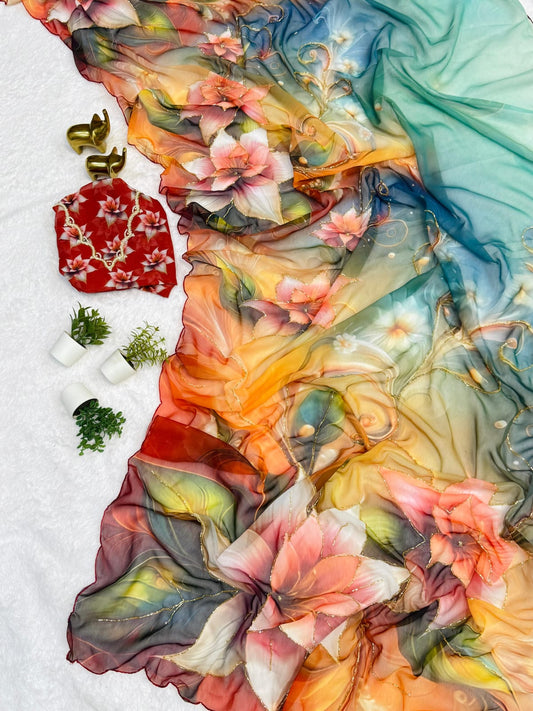 Chiffon Floral Digital Print Saree