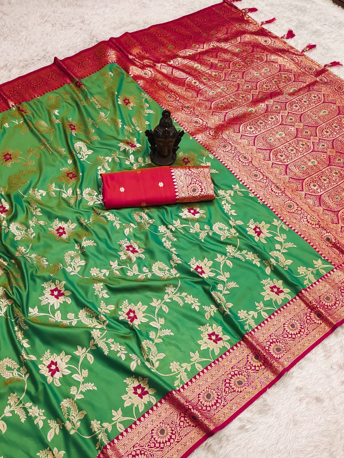Pure Banarasi Silk Saree - Soft Handloom Weave with Rich Zari Pallu