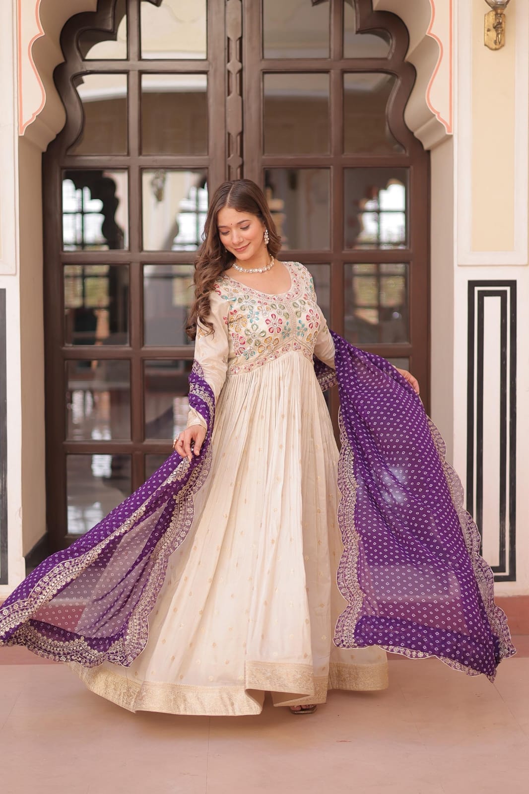 Cosmos Jacquard Gown with Bandhani Print Dupatta