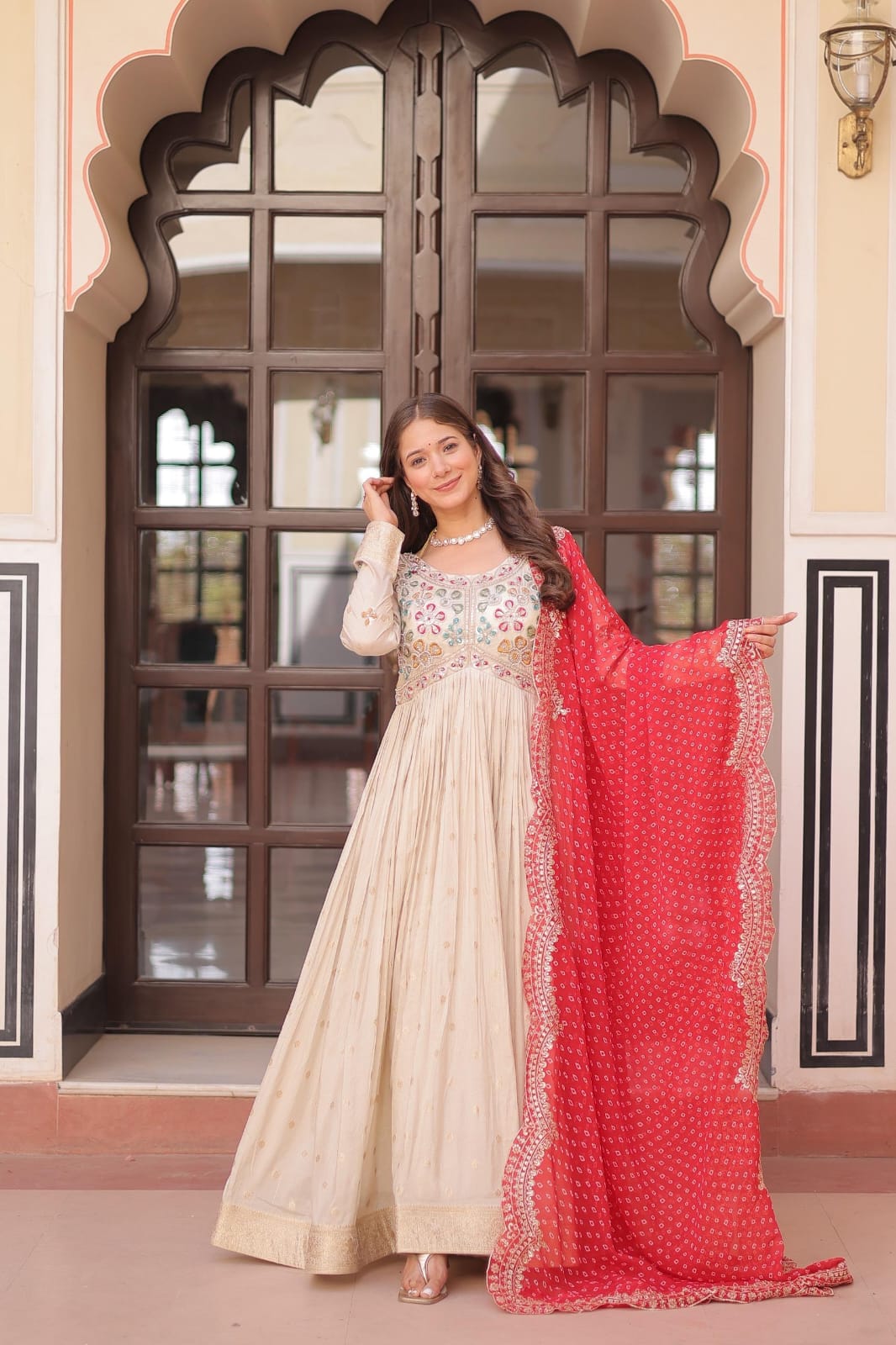 Cosmos Jacquard Gown with Bandhani Print Dupatta