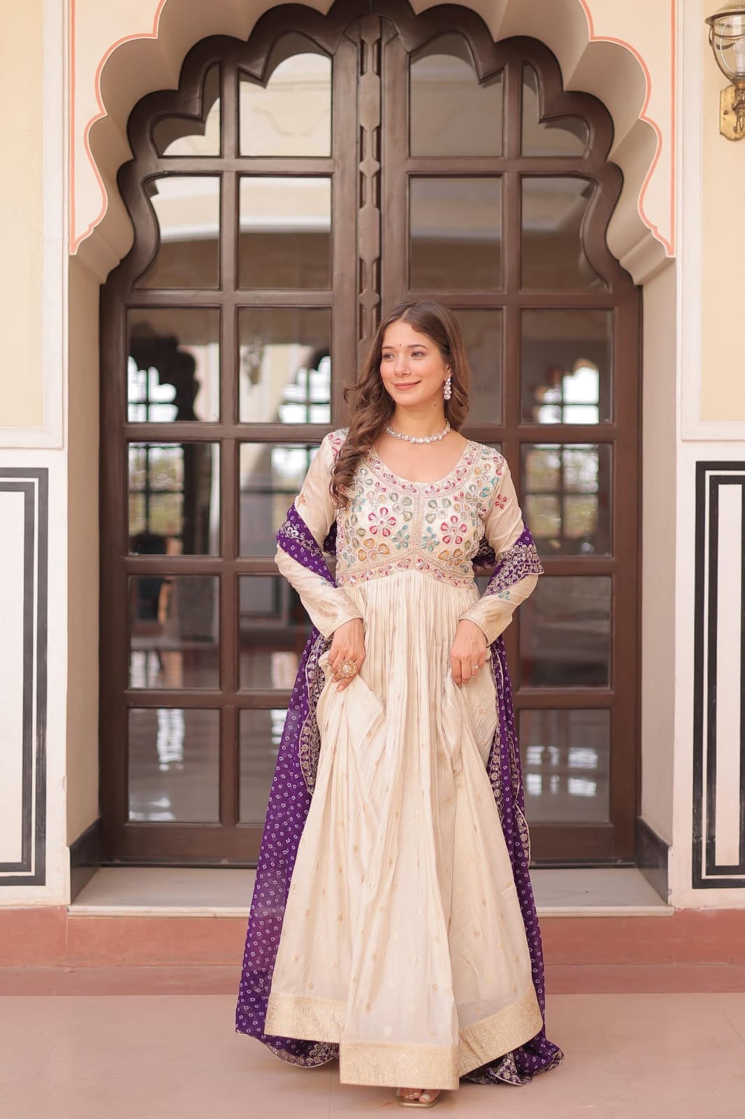Cosmos Jacquard Gown with Bandhani Print Dupatta