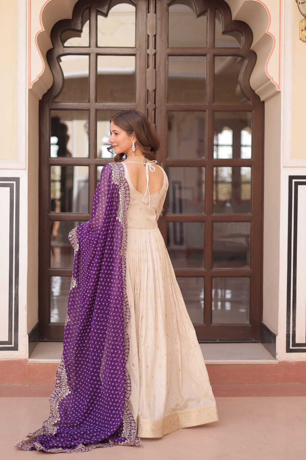 Cosmos Jacquard Gown with Bandhani Print Dupatta